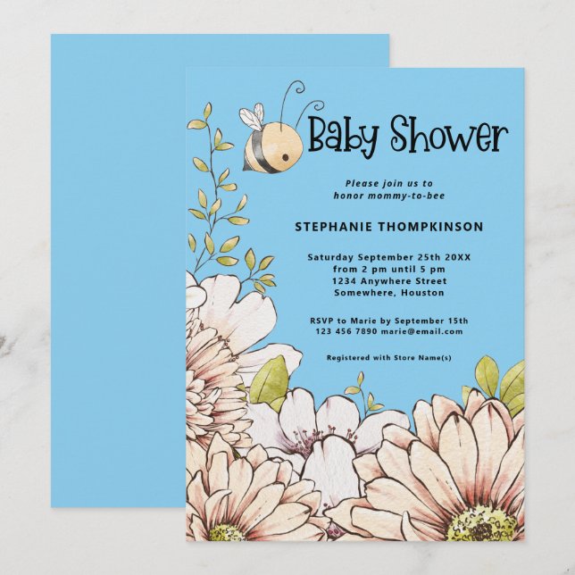 Bumblebee Florals Baby Blue Shower Invitation (Front/Back)