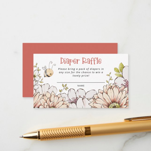 Bumblebee Florals Coral Baby Shower Diaper Raffle Enclosure Card (Front/Back In Situ)