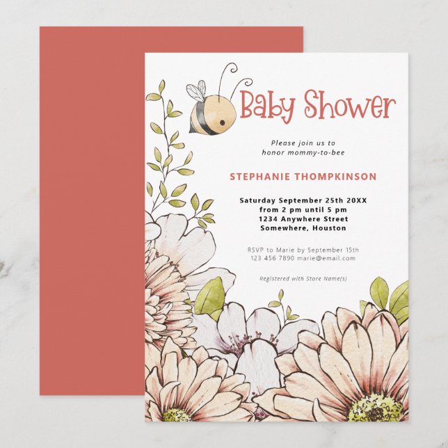 Bumblebee Florals Coral Baby Shower Invitation (Front/Back)