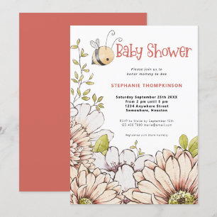 Bumblebee Florals Coral Baby Shower Invitation