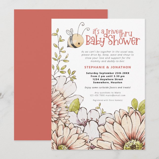 Bumblebee Florals Coral Drive Thru Baby Shower Invitation (Front/Back)