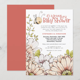 Bumblebee Florals Coral Drive Thru Baby Shower Invitation