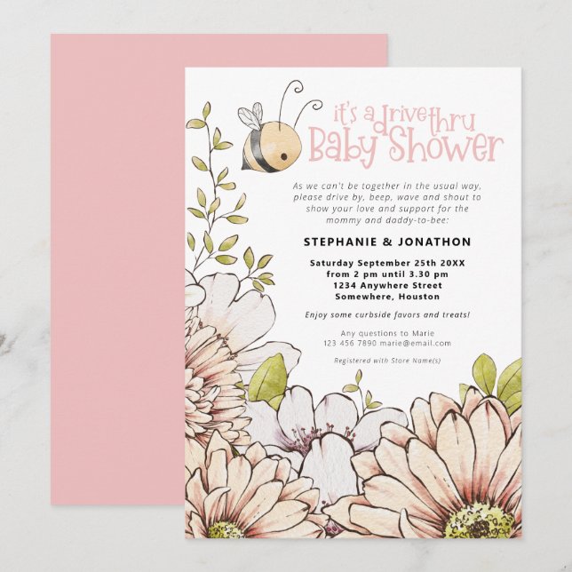 Bumblebee Florals Drive Thru Baby Pink Shower Invitation (Front/Back)