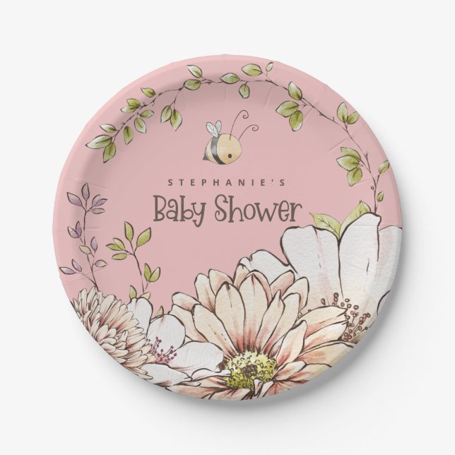 Bumblebee Florals Name Baby Pink Shower Paper Plate (Front)