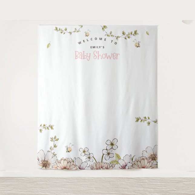 Bumblebee Florals Pink Baby Shower Photo Backdrop Tapestry (Front)