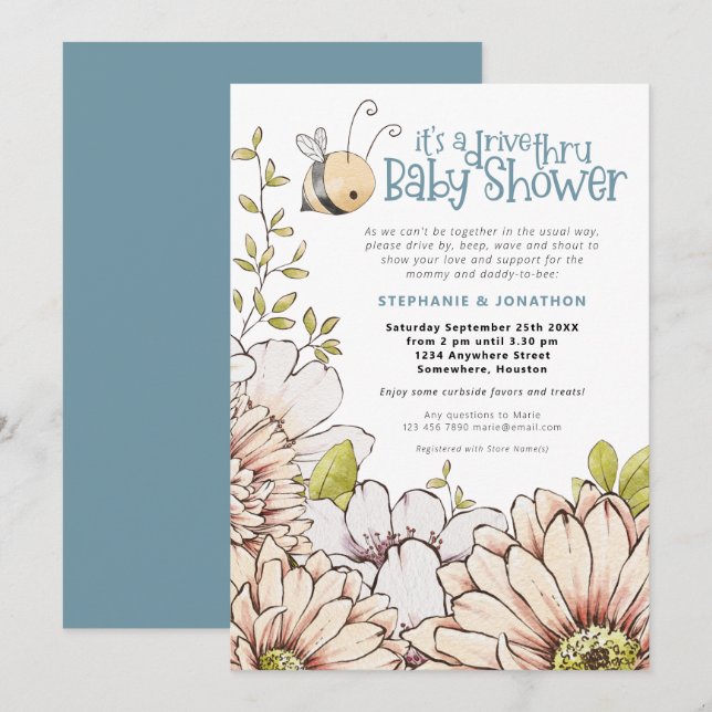 Bumblebee Florals Teal Drive Thru Baby Shower Invitation (Front/Back)