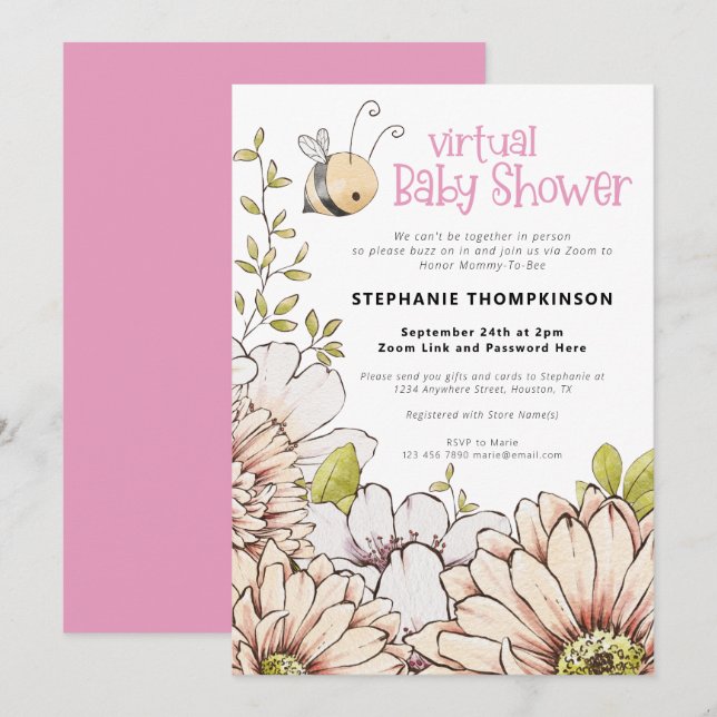 Bumblebee Florals Virtual Pink Baby Shower Invitation (Front/Back)