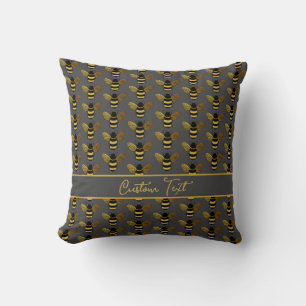 BUMBLEBEE GOLD BLACK BEE REPEATING PATTERN BROWN  CUSHION