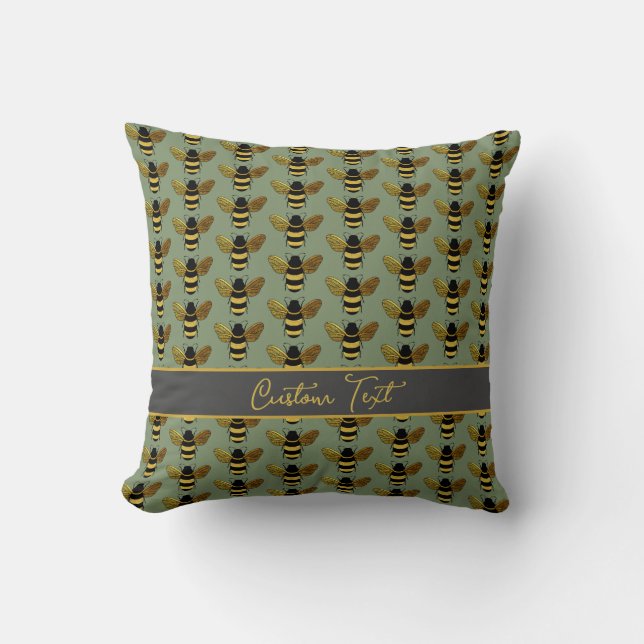 BUMBLEBEE GOLD BLACK BEE REPEATING PATTERN GREEN CUSHION (Front)
