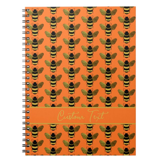 BUMBLEBEE GOLD BLACK BEE REPEATING PATTERN ORANGE NOTEBOOK (Front)
