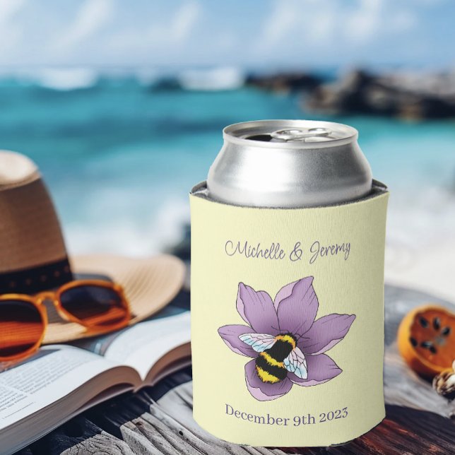 Bumblebee Lavender Flower Yellow Wedding Can Cooler (Creator Uploaded)
