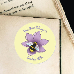 Bumblebee Lavender Flowers Yellow Bookplate  Classic Round Sticker