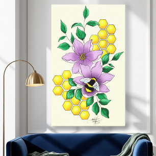 Bumblebee Lavender Flowers Yellow Canvas Print
