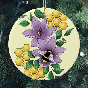 Bumblebee Lavender Flowers Yellow Ceramic Tree Decoration