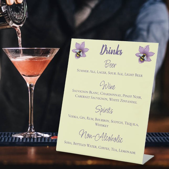 Bumblebee Lavender Flowers Yellow Drinks Menu Pedestal Sign (Creator Uploaded)