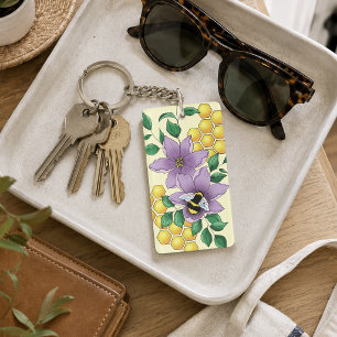 Bumblebee Lavender Flowers Yellow Key Ring