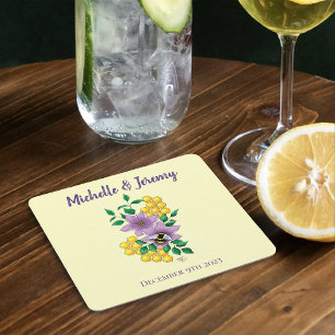 Bumblebee Lavender Flowers Yellow Square Paper Coaster