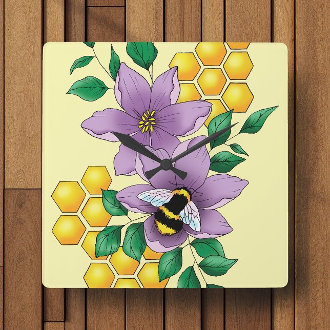 Bumblebee Lavender Flowers Yellow Square Wall Clock (Creator Uploaded)