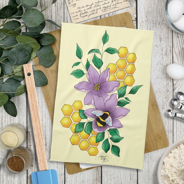 Bumblebee Lavender Flowers Yellow Tea Towel (Creator Uploaded)