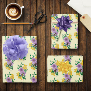 Bumblebee Lavender Flowers Yellow Wrapping Paper Sheet