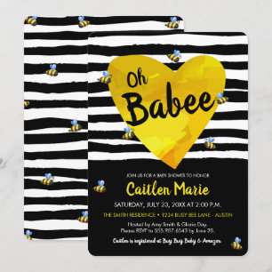 Bumblebee Oh Babee Yellow Black White Baby Shower Invitation