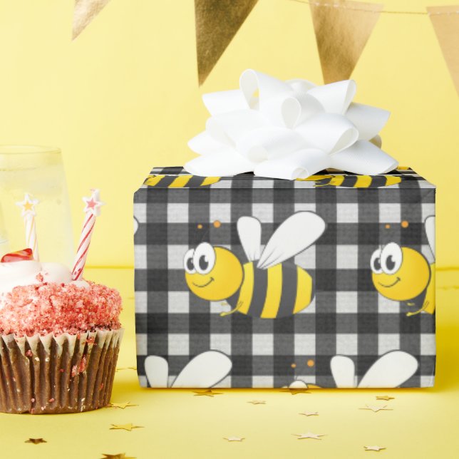 Bumblebee On Gingham  Wrapping Paper (Birthday Party)
