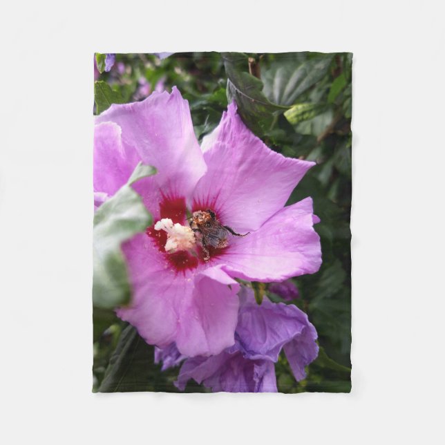 Bumblebee on Hibiscus Flower Fleece Blanket (Front)