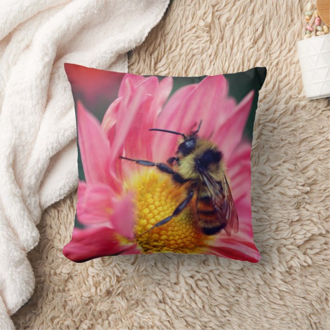 Bumblebee On Pink Daisy Flower Close Up  Cushion (Blanket)
