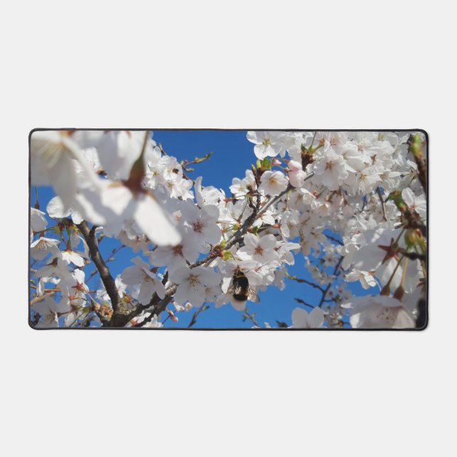 Bumblebee on wild cherry bloom desk mat (Front)