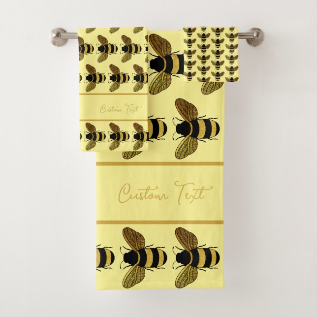 BUMBLEBEE PATTERN GOLD BLACK BEE ON BUTTER YELLOW BATH TOWEL SET (Insitu)