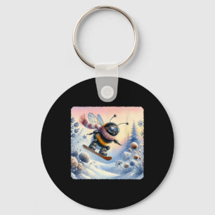 Bumblebee Snowboarding Past Frost Covered Flowers. Key Ring