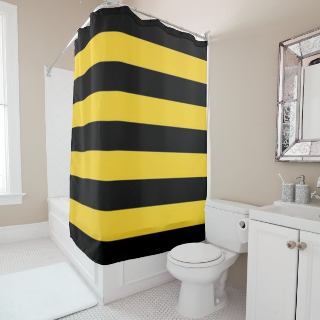 Bumblebee Yellow and Black Horizonal Stripes Shower Curtain (In Situ)