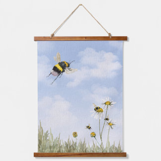 Bumblebees and Daisies Watercolor Painting Hanging Tapestry