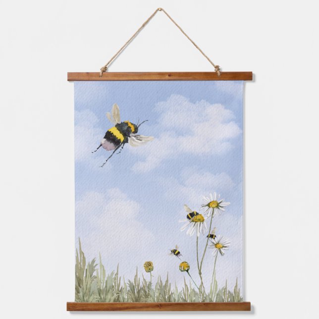 Bumblebees and Daisies Watercolor Painting Hanging Tapestry (Front)