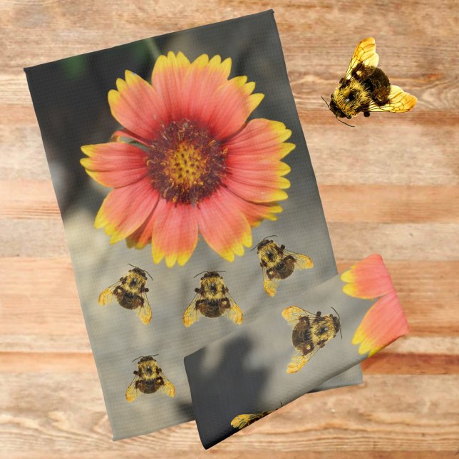 Bumblebees and Orange Gaillardia Sunflower Floral Tea Towel (Creator Uploaded)