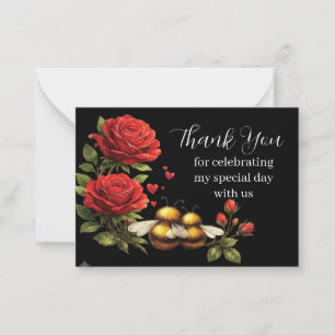 Bumblebees and Red Roses Thank You Card