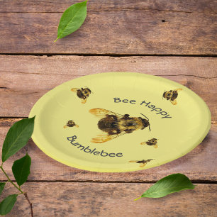 Bumblebees Bee Happy Yellow Paper Plate