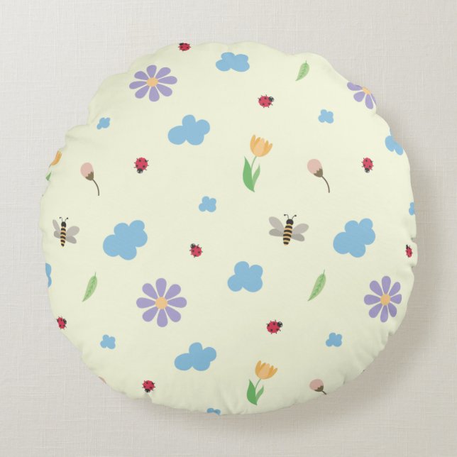Bumblebees, Ladybugs & Wildflowers Pattern Round Cushion (Front)
