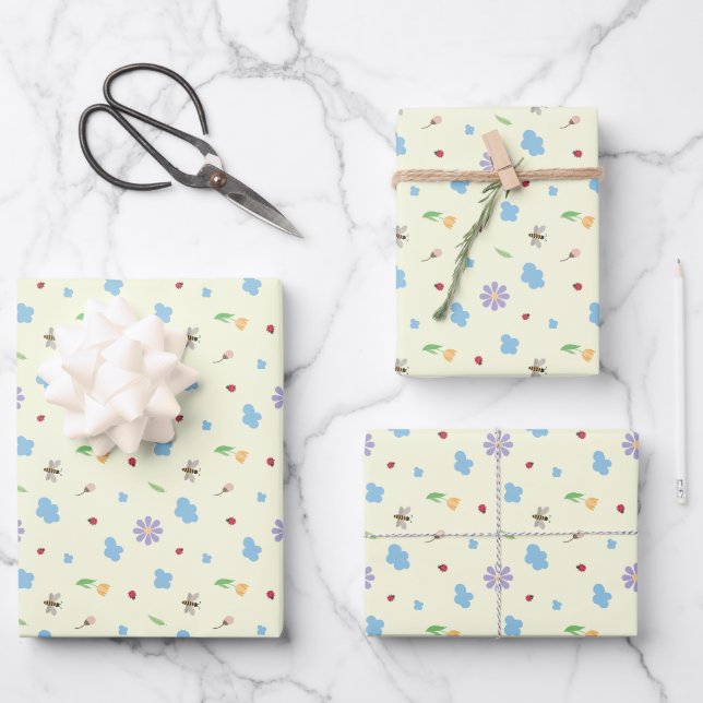 Bumblebees, Ladybugs & Wildflowers Pattern Wrapping Paper Sheet (Front)