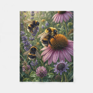 Bumblebees On Coneflowers Pollinator Botanical Fle Fleece Blanket