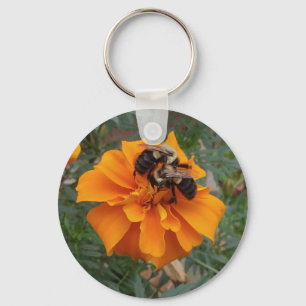 Bumblebees on Marigold Flower Key Ring