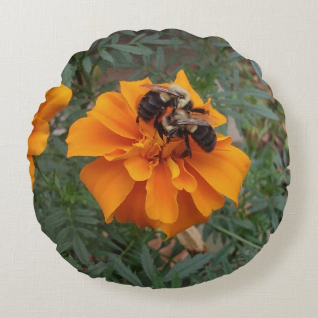 Bumblebees on Marigold Flower Round Cushion (Front)