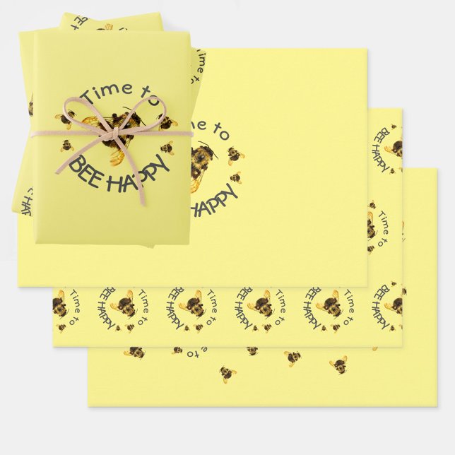 Bumblebees Time to BEE Happy Yellow Wrapping Paper Sheet (Creator Uploaded)
