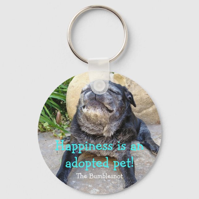 Bumblesnot keychain:  Happiness is an adopted pet Key Ring (Front)