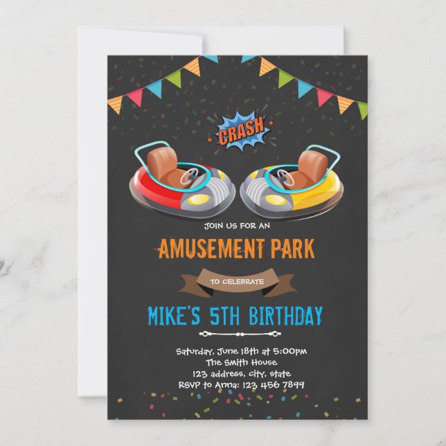 Bumper cars amusement park invitation (Front)