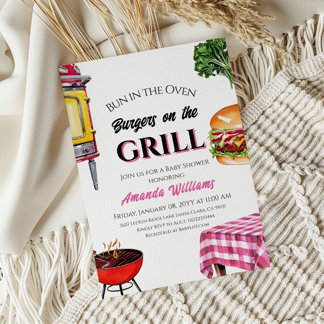 Bun in Oven Burger Grill Girl BBQ Baby Shower Invitation (Creator Uploaded)