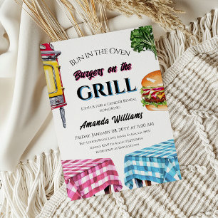 Bun in Oven Burger on Grill BBQ Gender Reveal Invitation