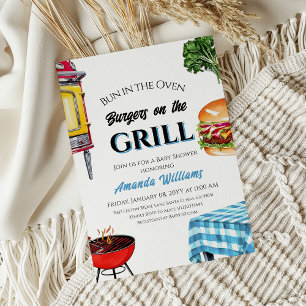 Bun in Oven Burger on Grill Boy BBQ Baby Shower Invitation