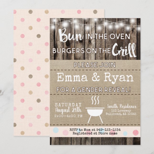 Bun in the Oven BBQ Burlap Wood  Gender Reveal Invitation (Front/Back)