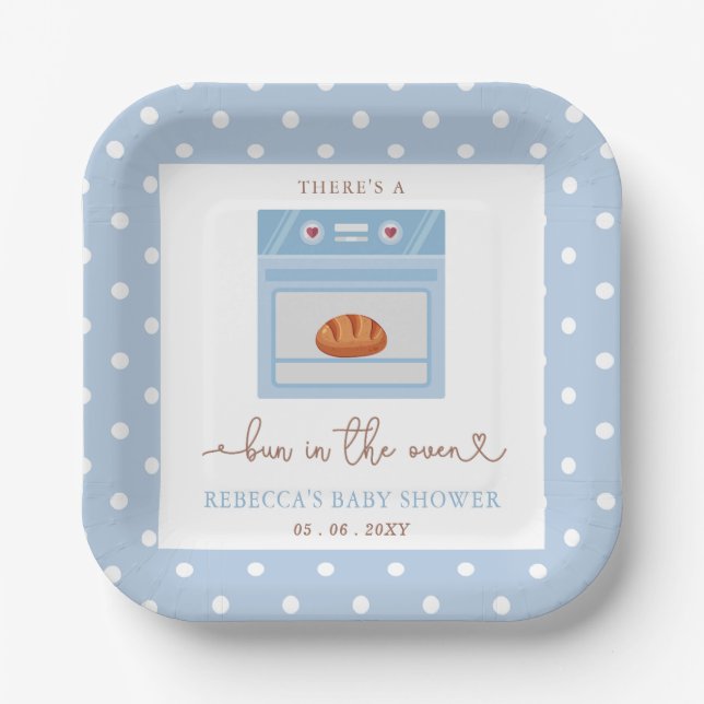 Bun In The Oven Blue Baby Boy Baby Shower Paper Plate (Front)